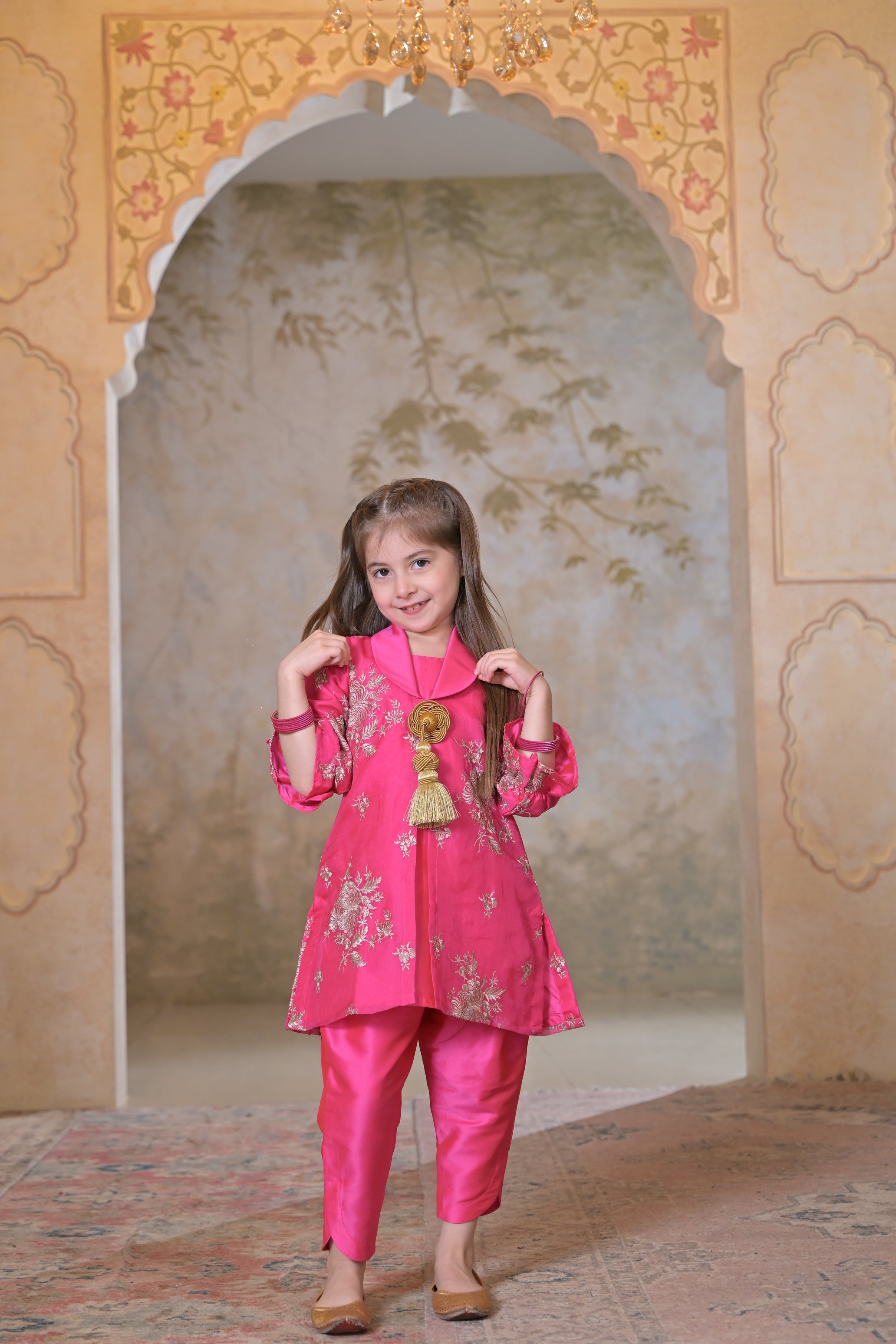 Rani Pink Kurta Set For Girl