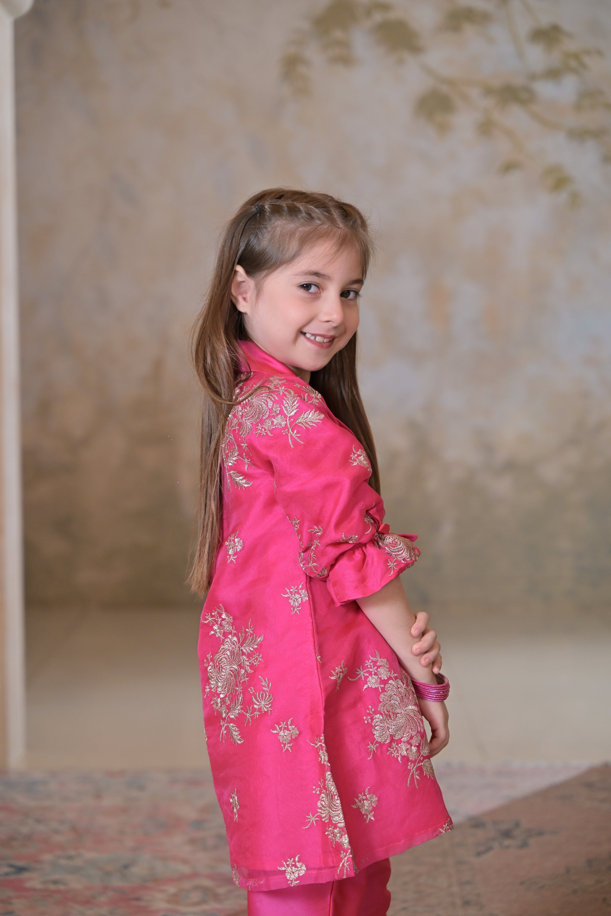 Rani Pink Kurta Set For Girl